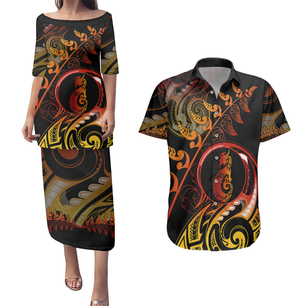 New Zealand Couples Matching Puletasi Dress and Hawaiian Shirt Aotearoa Manaia Maori Fern Tattoo Arty LT9 Reggae - Polynesian Pride