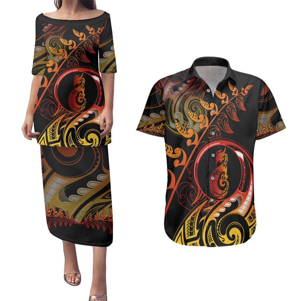 New Zealand Couples Matching Puletasi Dress and Hawaiian Shirt Aotearoa Manaia Maori Fern Tattoo Arty LT9 Reggae - Polynesian Pride