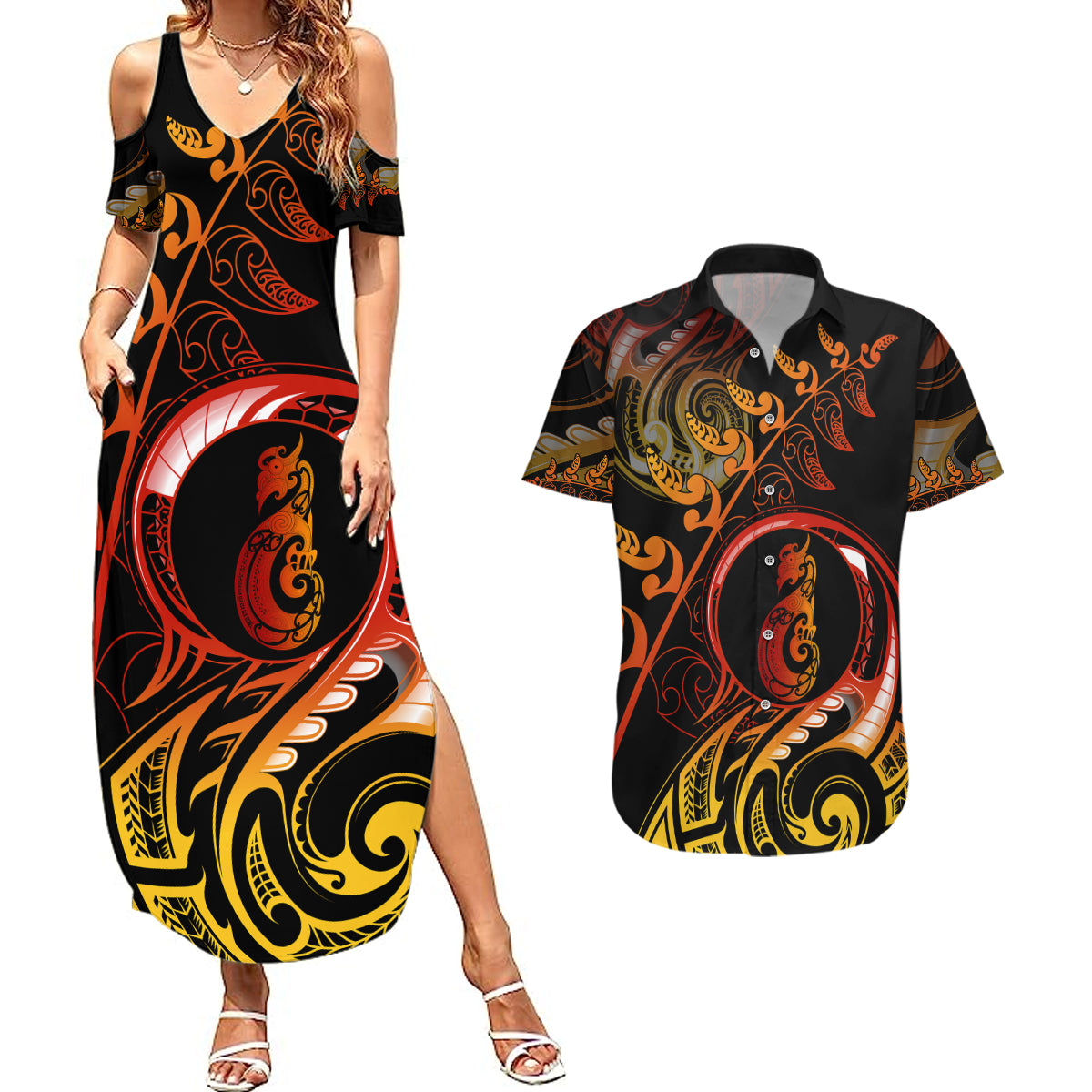 New Zealand Couples Matching Summer Maxi Dress and Hawaiian Shirt Aotearoa Manaia Maori Fern Tattoo Arty LT9 Reggae - Polynesian Pride