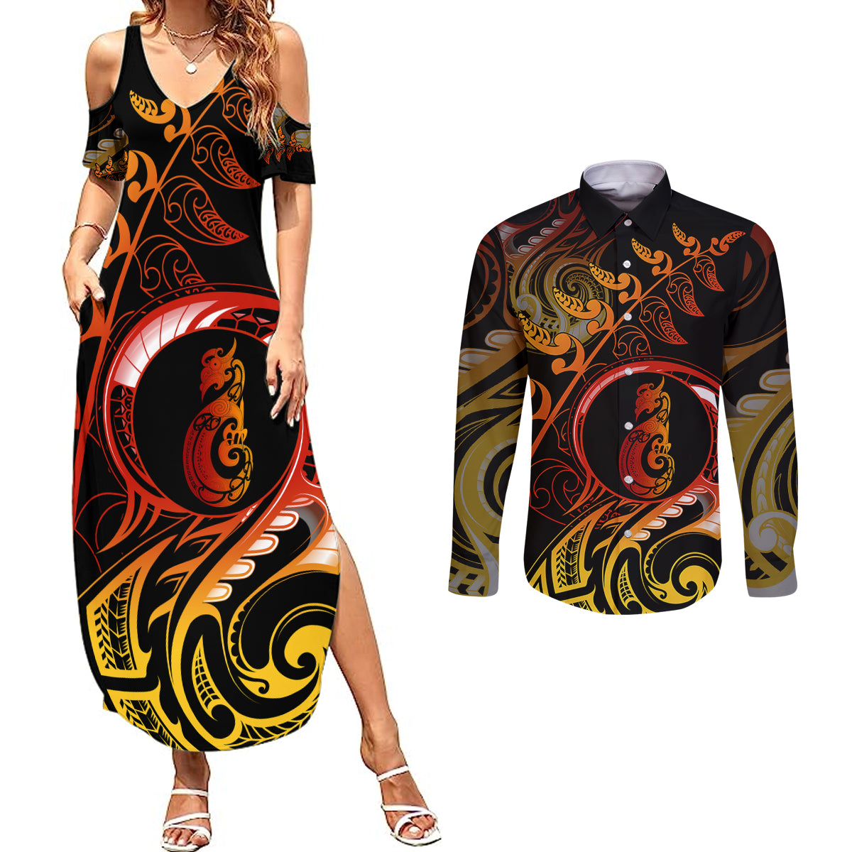 New Zealand Couples Matching Summer Maxi Dress and Long Sleeve Button Shirts Aotearoa Manaia Maori Fern Tattoo Arty LT9 Reggae - Polynesian Pride