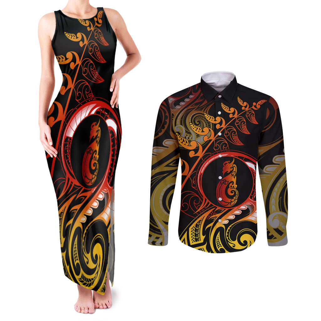 New Zealand Couples Matching Tank Maxi Dress and Long Sleeve Button Shirts Aotearoa Manaia Maori Fern Tattoo Arty LT9 Reggae - Polynesian Pride