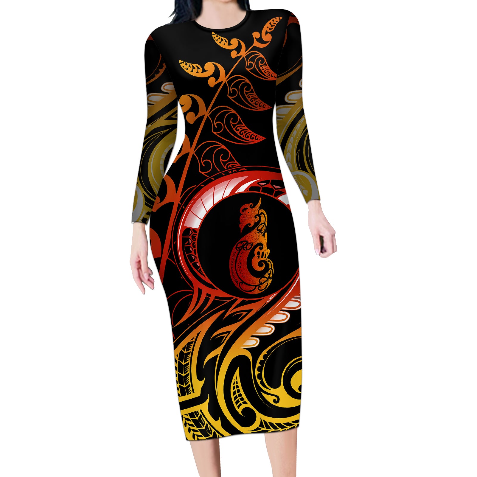 New Zealand Long Sleeve Bodycon Dress Aotearoa Manaia Maori Fern Tattoo Arty LT9 Long Dress Reggae - Polynesian Pride