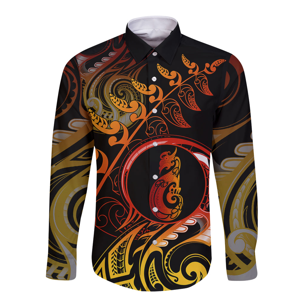 New Zealand Long Sleeve Button Shirt Aotearoa Manaia Maori Fern Tattoo Arty LT9 Unisex Reggae - Polynesian Pride