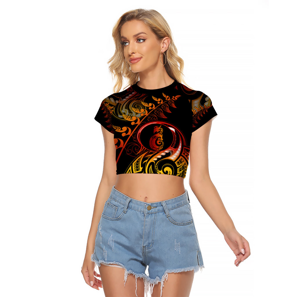 New Zealand Raglan Cropped T Shirt Aotearoa Manaia Maori Fern Tattoo Arty LT9 Female Reggae - Polynesian Pride