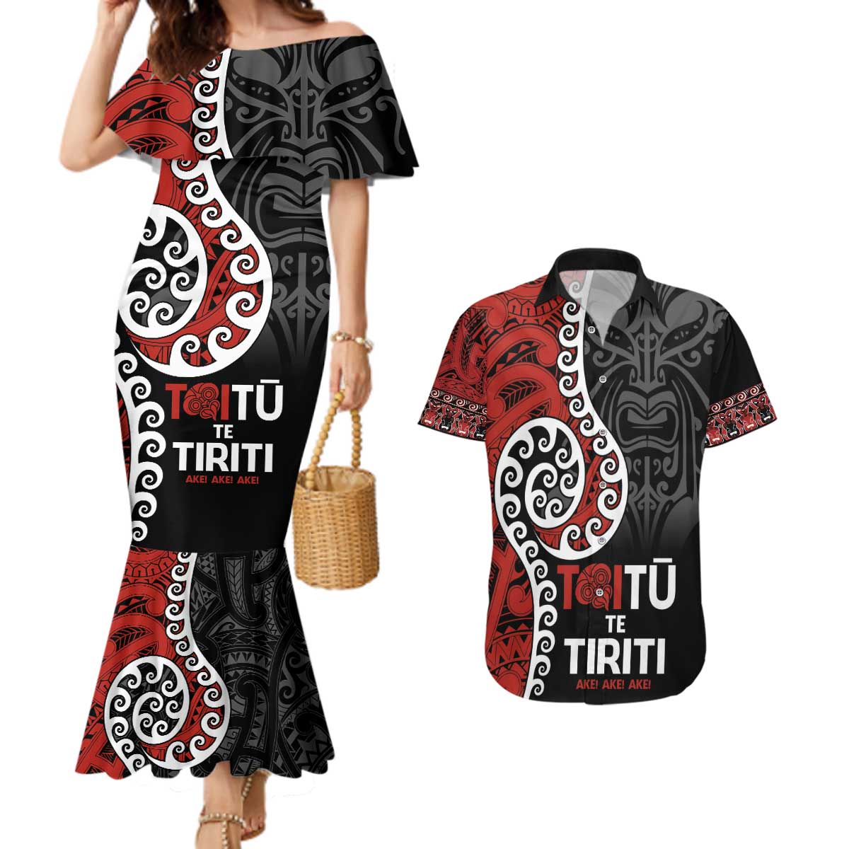 Honour The Treaty New Zealand Couples Matching Mermaid Dress and Hawaiian Shirt Toitu Te Tiriti Ake!Ake!Ake!