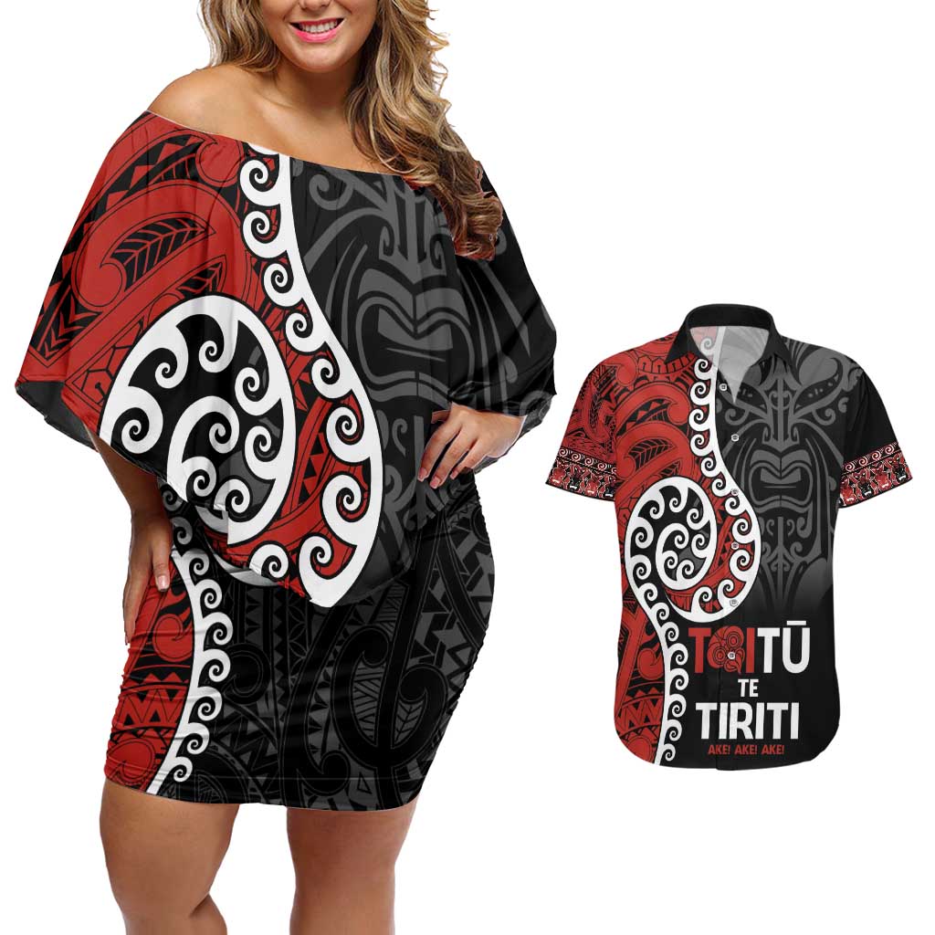Honour The Treaty New Zealand Couples Matching Off Shoulder Short Dress and Hawaiian Shirt Toitu Te Tiriti Ake!Ake!Ake! LT9 Black - Polynesian Pride