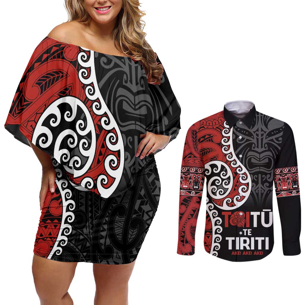 Honour The Treaty New Zealand Couples Matching Off Shoulder Short Dress and Long Sleeve Button Shirt Toitu Te Tiriti Ake!Ake!Ake! LT9 Black - Polynesian Pride