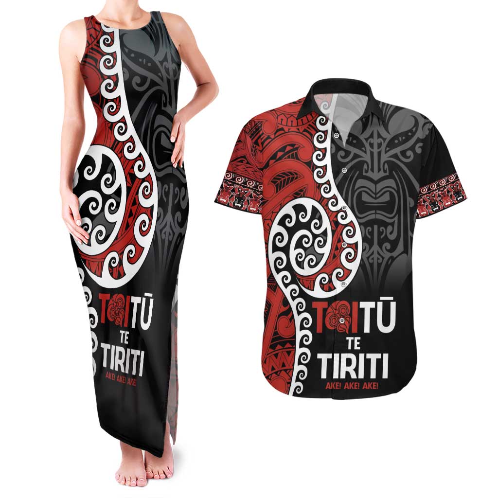 Honour The Treaty New Zealand Couples Matching Tank Maxi Dress and Hawaiian Shirt Toitu Te Tiriti Ake!Ake!Ake! LT9 Black - Polynesian Pride