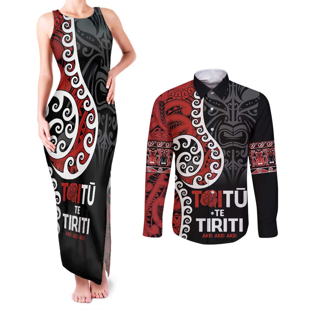 Honour The Treaty New Zealand Couples Matching Tank Maxi Dress and Long Sleeve Button Shirt Toitu Te Tiriti Ake!Ake!Ake! LT9 Black - Polynesian Pride