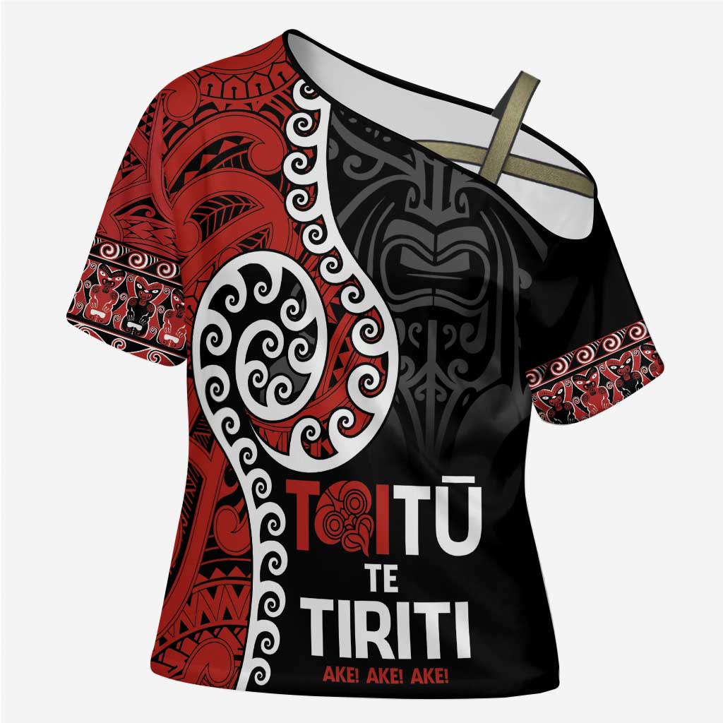 Honour The Treaty New Zealand Cross Shoulder Shirt Toitu Te Tiriti Ake Ake Ake - Polynesian Pride