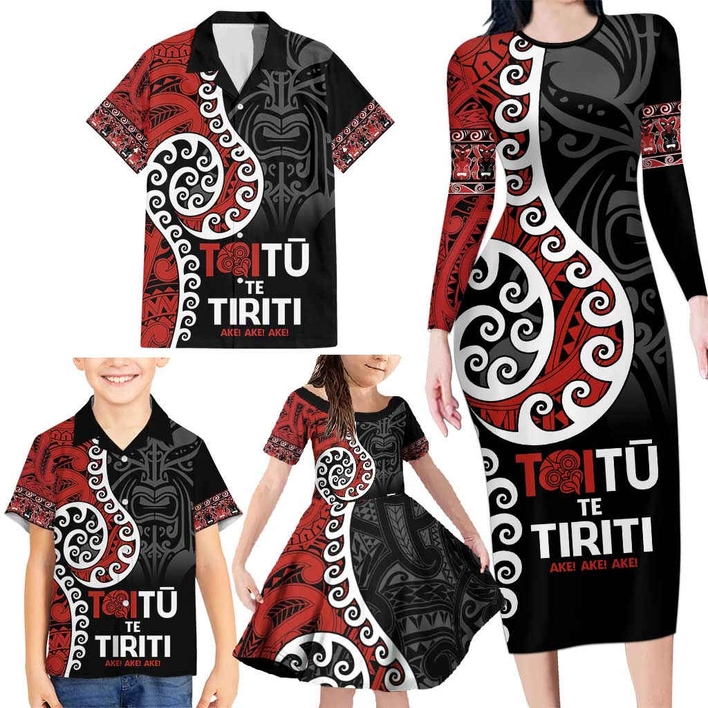 Honour The Treaty New Zealand Family Matching Long Sleeve Bodycon Dress and Hawaiian Shirt Toitu Te Tiriti Ake!Ake!Ake!