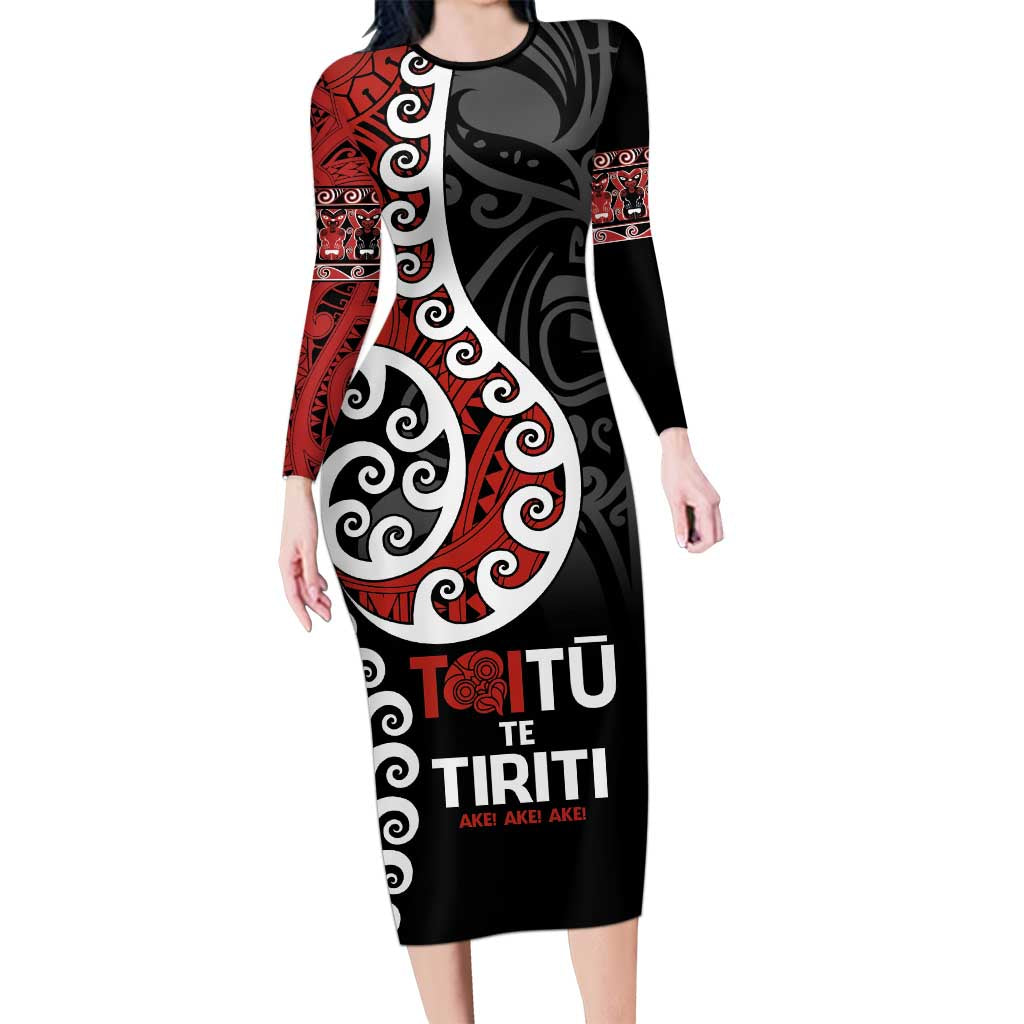 Honour The Treaty New Zealand Long Sleeve Bodycon Dress Toitu Te Tiriti Ake!Ake!Ake!