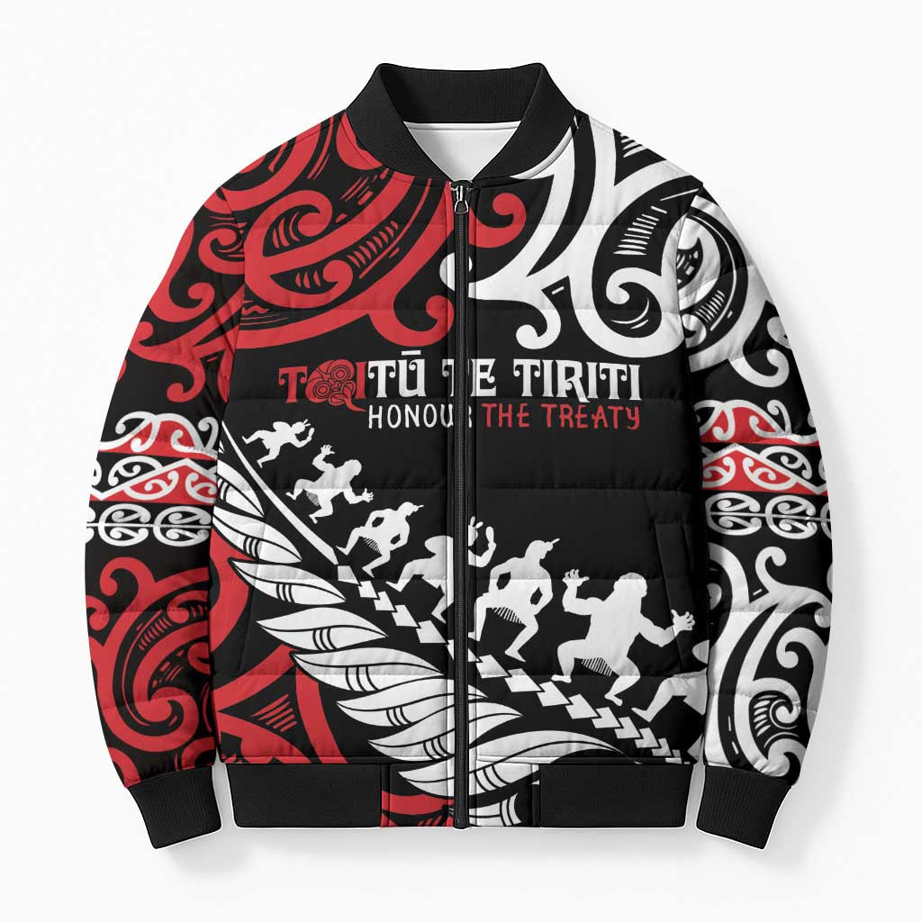 Honour The Treaty New Zealand Personalised Bomber Puffer Jacket Toitu Te Tiriti Half Fern Haka Dance - Polynesian Pride