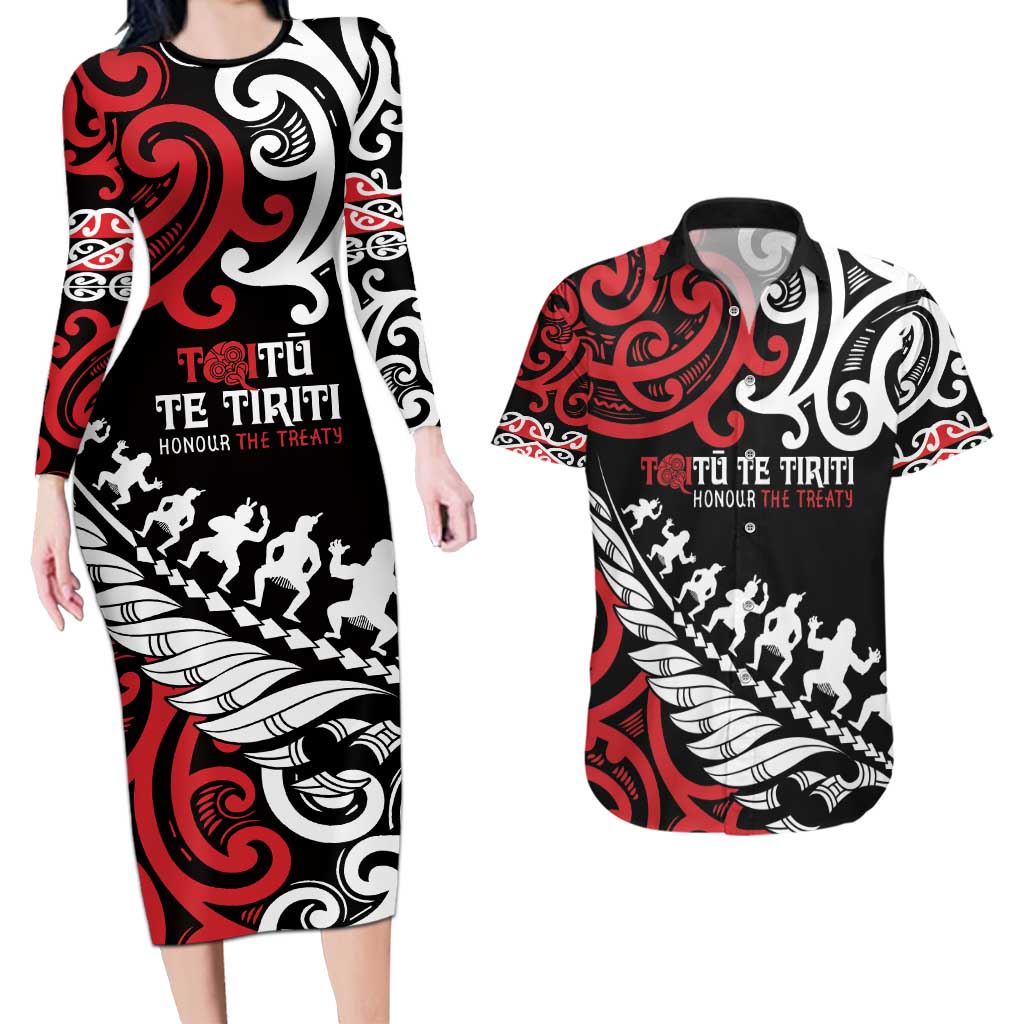 Honour The Treaty New Zealand Personalised Couples Matching Long Sleeve Bodycon Dress and Hawaiian Shirt Toitu Te Tiriti Half Fern with Haka dance