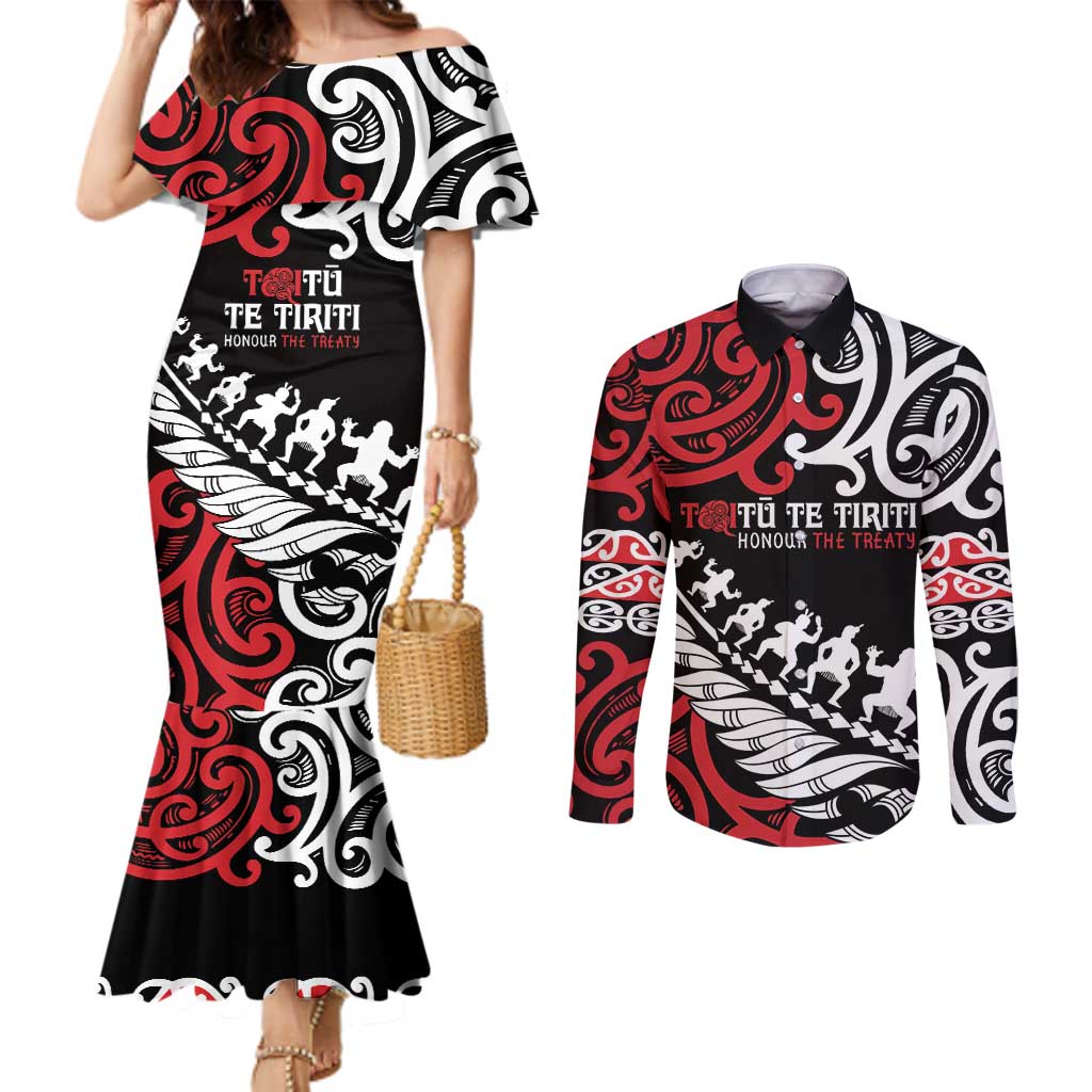 Honour The Treaty New Zealand Personalised Couples Matching Mermaid Dress and Long Sleeve Button Shirt Toitu Te Tiriti Half Fern with Haka dance LT9 Black - Polynesian Pride