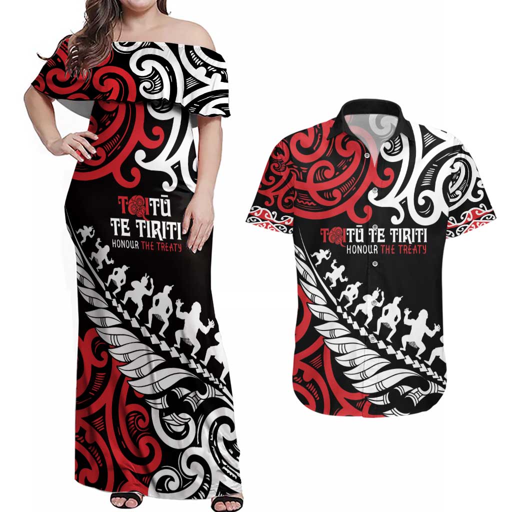 Honour The Treaty New Zealand Personalised Couples Matching Off Shoulder Maxi Dress and Hawaiian Shirt Toitu Te Tiriti Half Fern with Haka dance