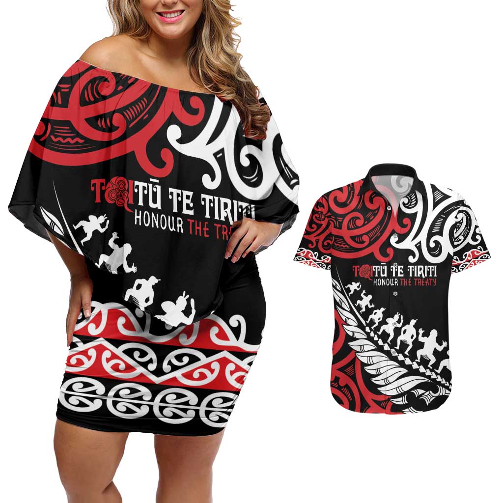 Honour The Treaty New Zealand Personalised Couples Matching Off Shoulder Short Dress and Hawaiian Shirt Toitu Te Tiriti Half Fern with Haka dance LT9 Black - Polynesian Pride