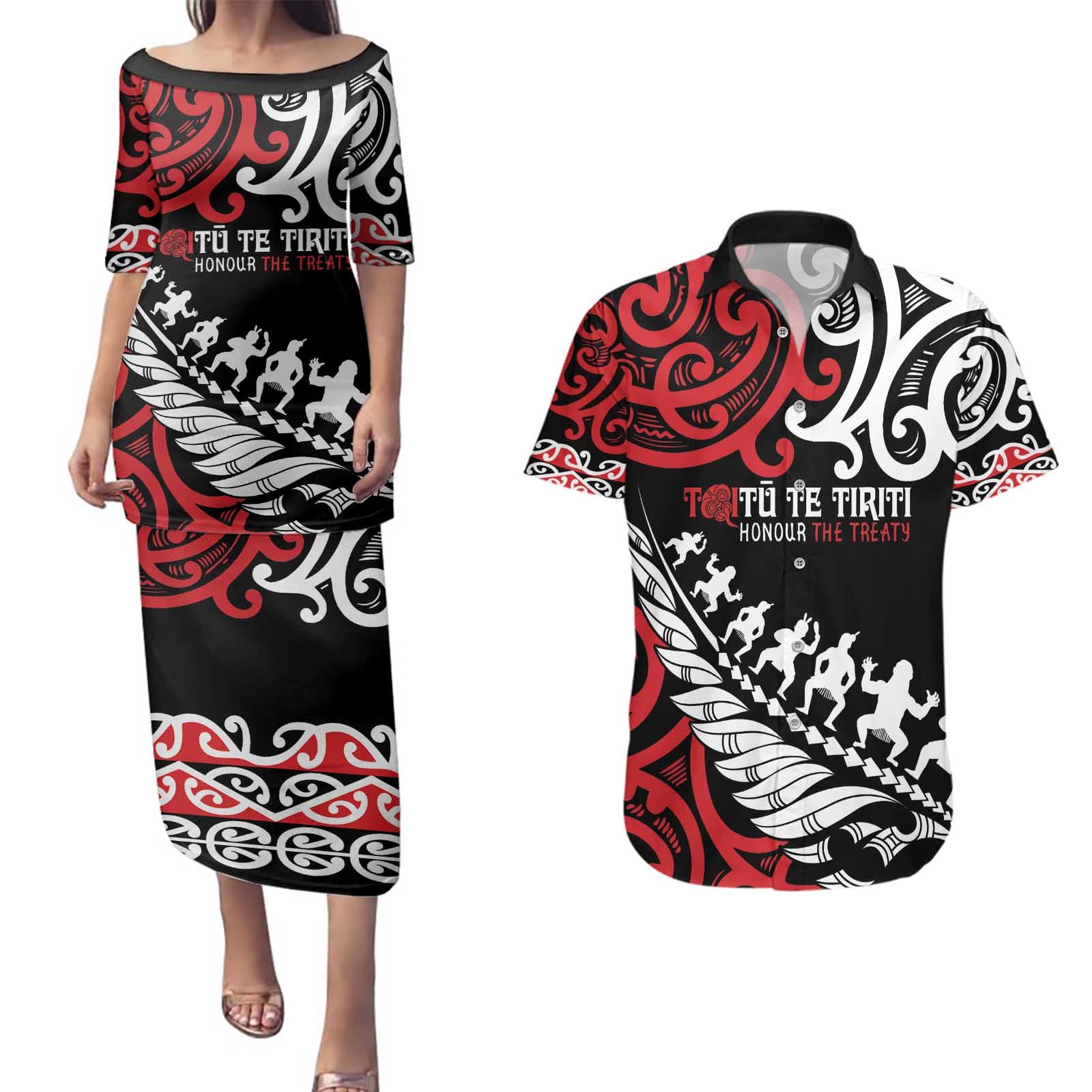 Honour The Treaty New Zealand Personalised Couples Matching Puletasi and Hawaiian Shirt Toitu Te Tiriti Half Fern with Haka dance LT9 Black - Polynesian Pride