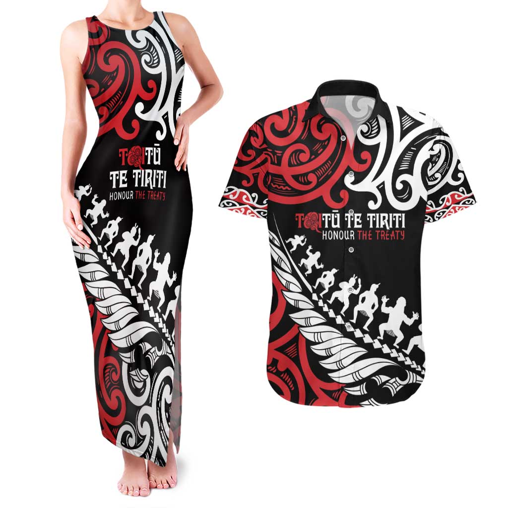 Honour The Treaty New Zealand Personalised Couples Matching Tank Maxi Dress and Hawaiian Shirt Toitu Te Tiriti Half Fern with Haka dance LT9 Black - Polynesian Pride