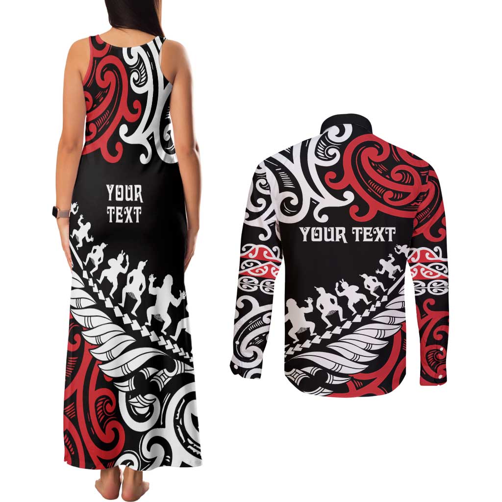 Honour The Treaty New Zealand Personalised Couples Matching Tank Maxi Dress and Long Sleeve Button Shirt Toitu Te Tiriti Half Fern with Haka dance