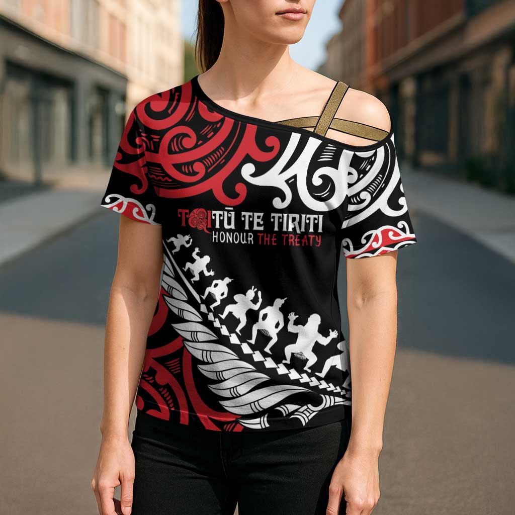 Honour The Treaty New Zealand Personalised Cross Shoulder Shirt Toitu Te Tiriti Half Fern Haka Dance - Polynesian Pride
