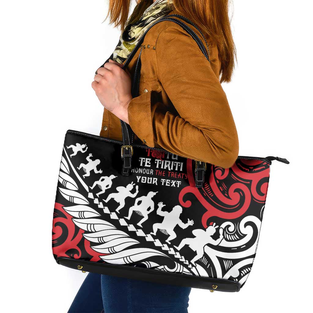 Honour The Treaty New Zealand Personalised Leather Tote Bag Toitu Te Tiriti Half Fern with Haka dance