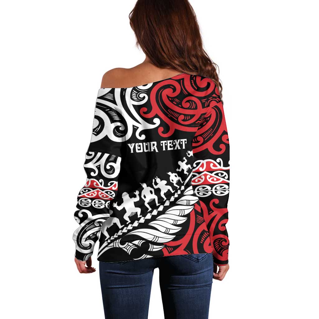 Honour The Treaty New Zealand Personalised Off Shoulder Sweater Toitu Te Tiriti Half Fern with Haka dance