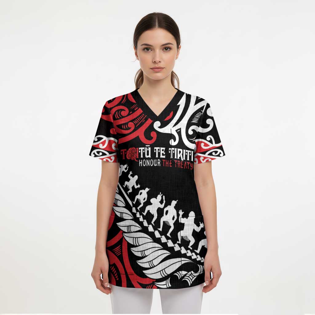 Honour The Treaty New Zealand Personalised Scrub Top Toitu Te Tiriti Half Fern Haka Dance - Polynesian Pride