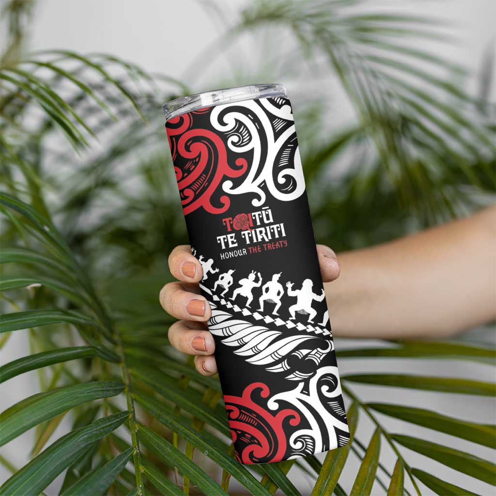 Honour The Treaty New Zealand Personalised Skinny Tumbler Toitu Te Tiriti Half Fern with Haka dance
