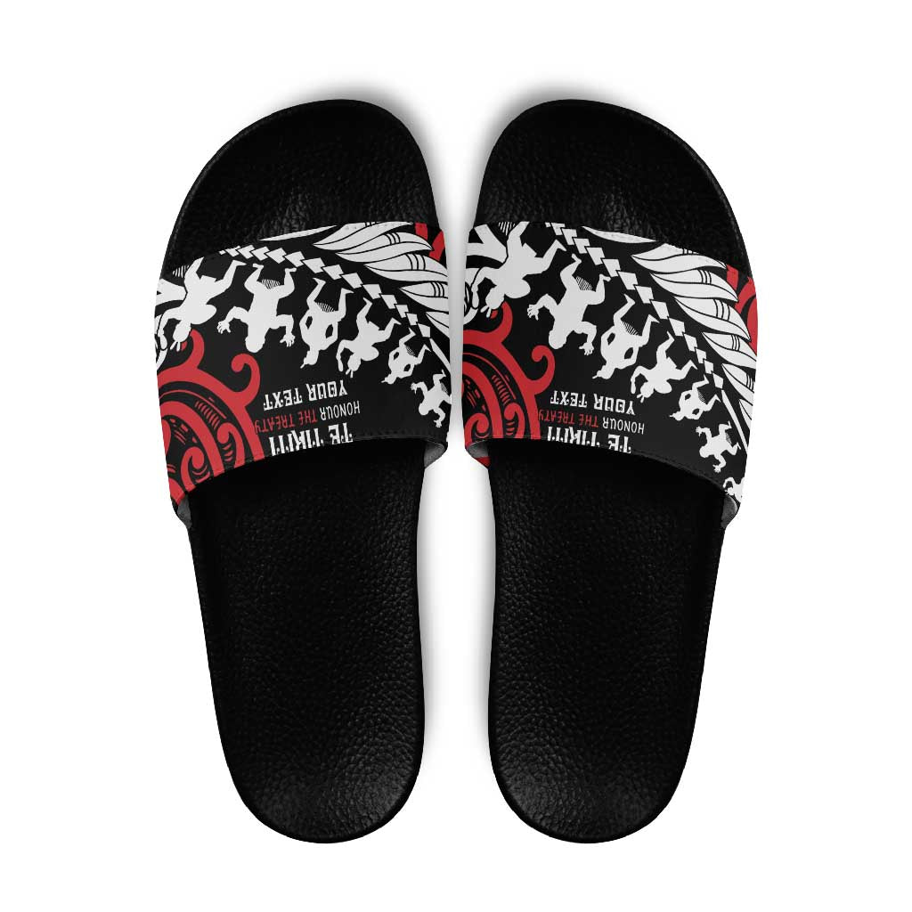 Honour The Treaty New Zealand Personalised Slide Sandals Toitu Te Tiriti Half Fern Haka Dance - Polynesian Pride