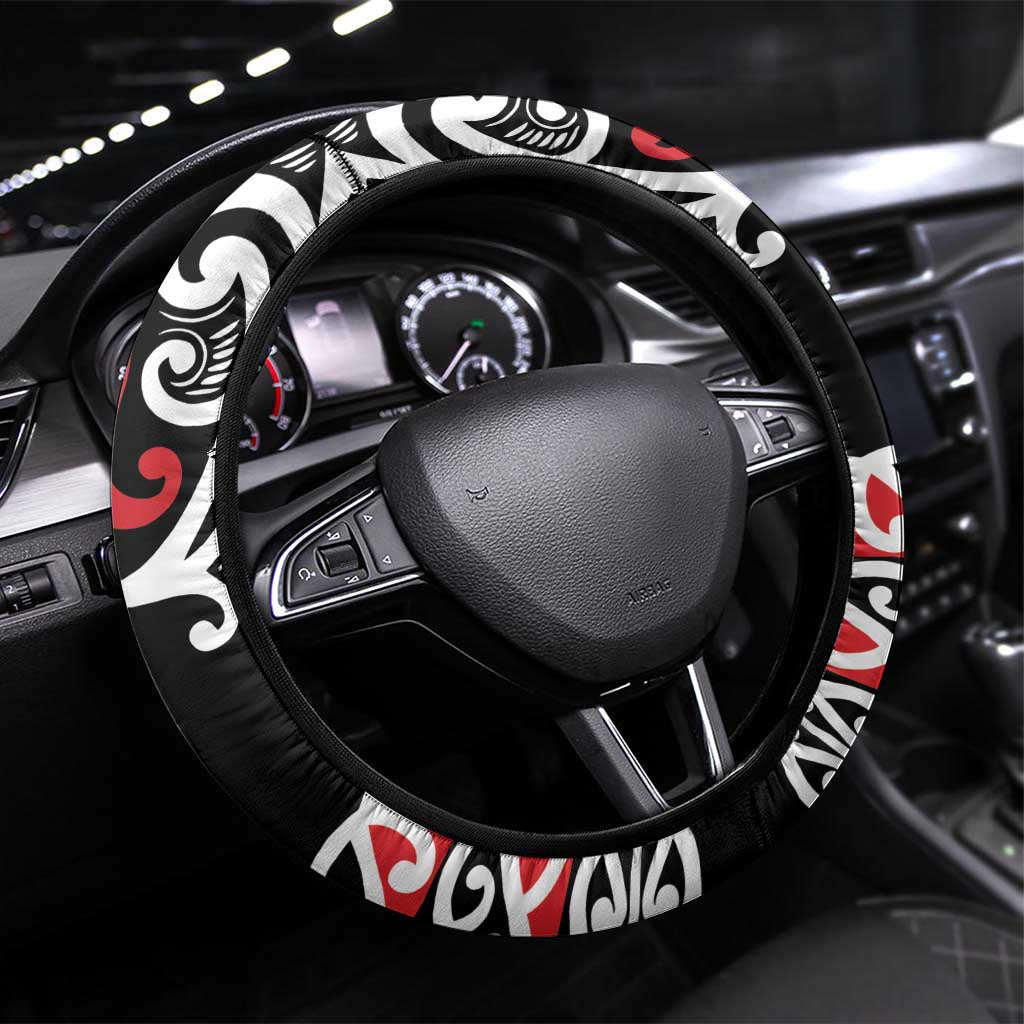 Honour The Treaty New Zealand Steering Wheel Cover Toitu Te Tiriti Half Fern with Haka dance LT9 Universal Fit Black - Polynesian Pride