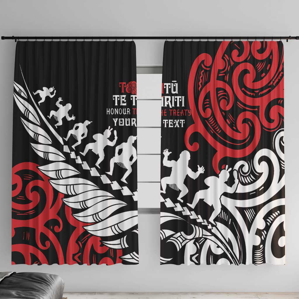 Honour The Treaty New Zealand Personalised Window Curtain Toitu Te Tiriti Half Fern with Haka dance LT9 With Hooks Black - Polynesian Pride