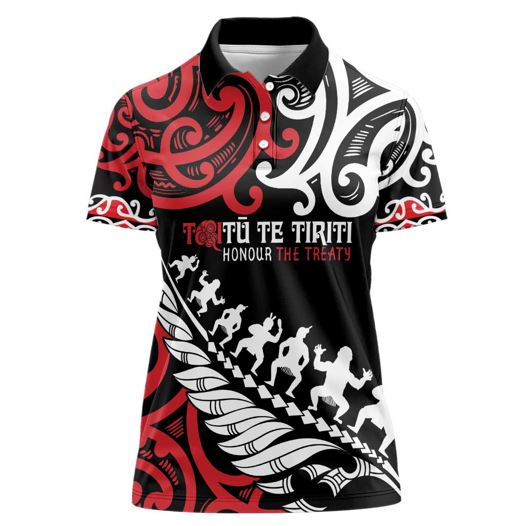 Honour The Treaty New Zealand Personalised Women Polo Shirt Toitu Te Tiriti Half Fern with Haka dance