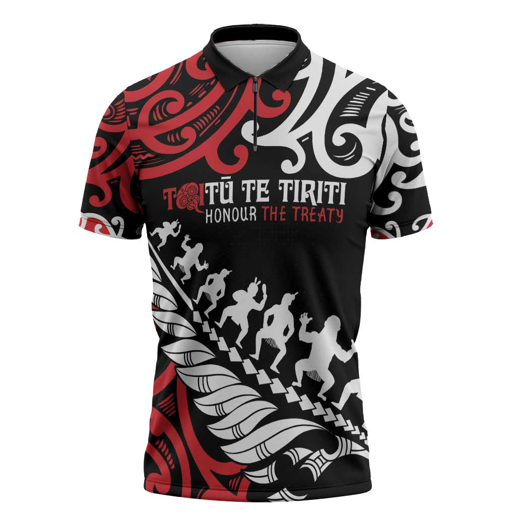 Honour The Treaty New Zealand Personalised Zipper Polo Shirt Toitu Te Tiriti Half Fern Haka Dance - Polynesian Pride