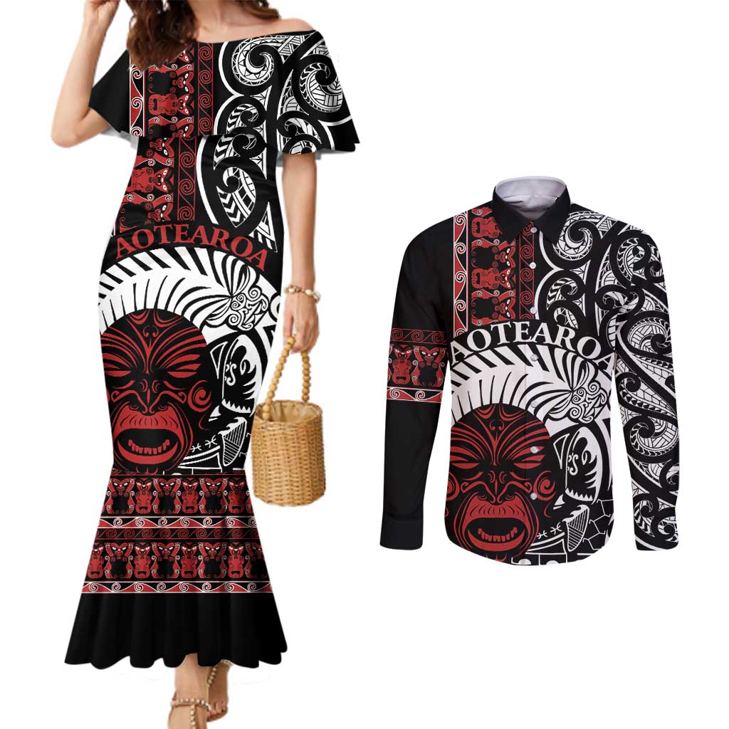 Honour The Treaty New Zealand Personalised Couples Matching Mermaid Dress and Long Sleeve Button Shirt Toitu Te Tiriti Indigenous Maori Face LT9 Black - Polynesian Pride