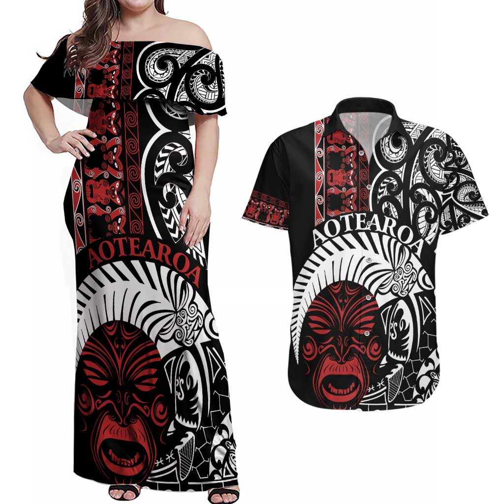 Honour The Treaty New Zealand Personalised Couples Matching Off Shoulder Maxi Dress and Hawaiian Shirt Toitu Te Tiriti Indigenous Maori Face