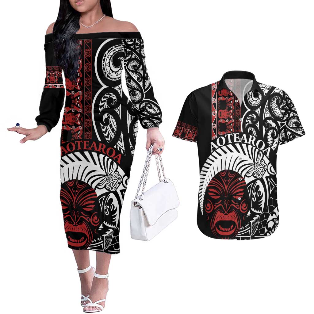 Honour The Treaty New Zealand Personalised Couples Matching Off The Shoulder Long Sleeve Dress and Hawaiian Shirt Toitu Te Tiriti Indigenous Maori Face