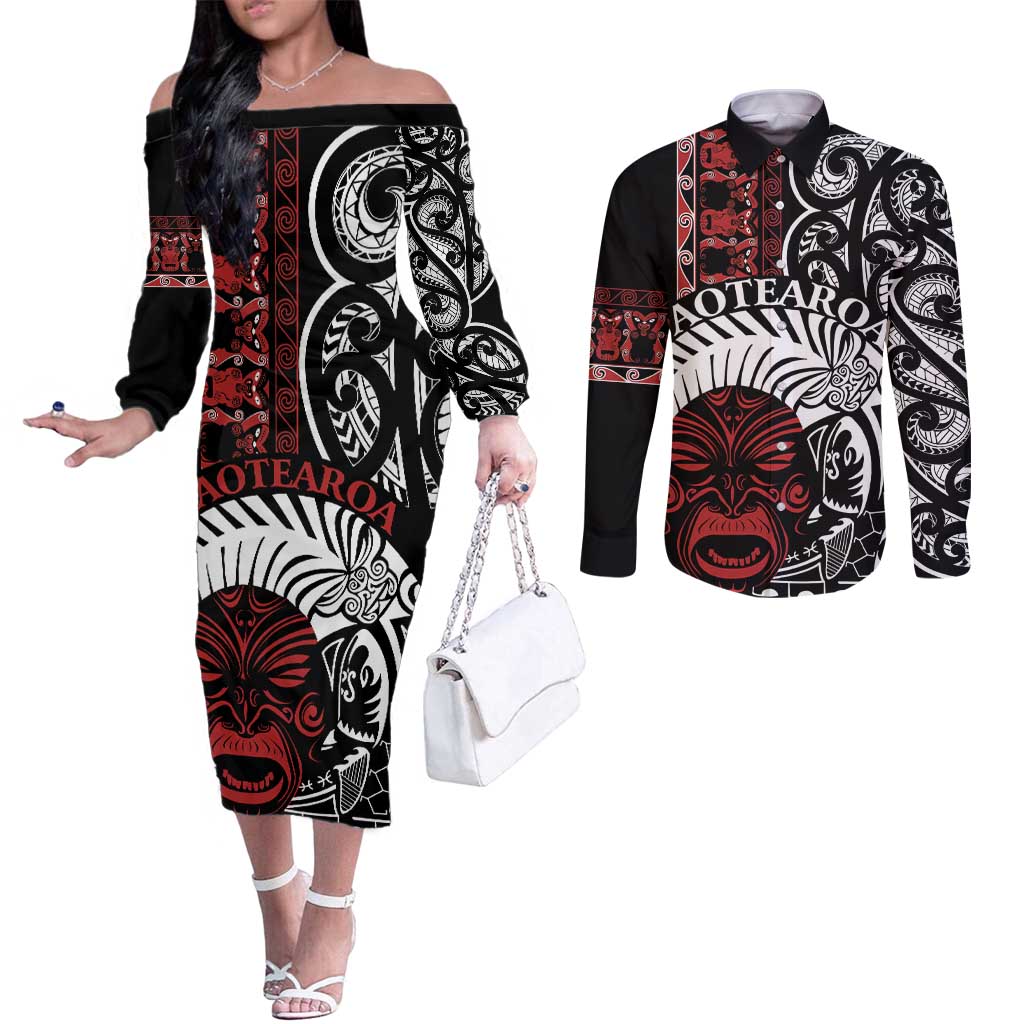 Honour The Treaty New Zealand Personalised Couples Matching Off The Shoulder Long Sleeve Dress and Long Sleeve Button Shirt Toitu Te Tiriti Indigenous Maori Face LT9 Black - Polynesian Pride