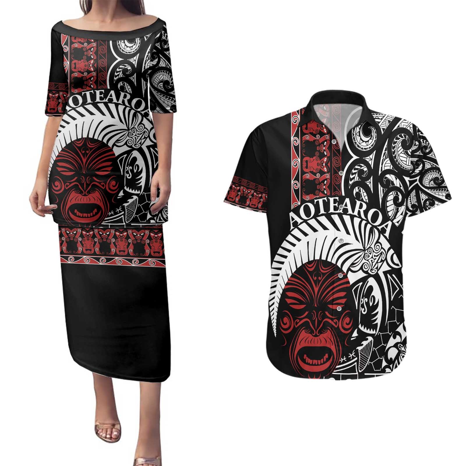 Honour The Treaty New Zealand Personalised Couples Matching Puletasi and Hawaiian Shirt Toitu Te Tiriti Indigenous Maori Face LT9 Black - Polynesian Pride