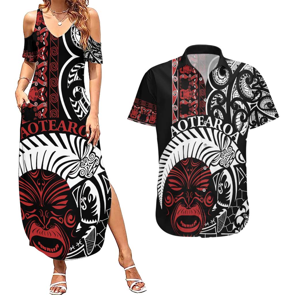 Honour The Treaty New Zealand Personalised Couples Matching Summer Maxi Dress and Hawaiian Shirt Toitu Te Tiriti Indigenous Maori Face LT9 Black - Polynesian Pride