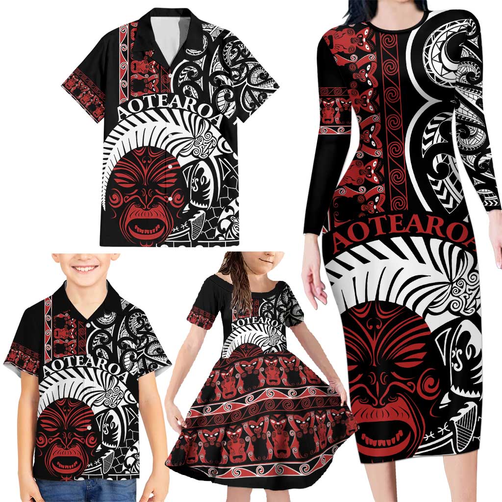 Honour The Treaty New Zealand Personalised Family Matching Long Sleeve Bodycon Dress and Hawaiian Shirt Toitu Te Tiriti Indigenous Maori Face