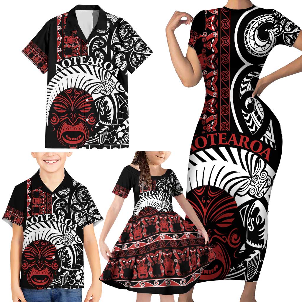 Honour The Treaty New Zealand Personalised Family Matching Short Sleeve Bodycon Dress and Hawaiian Shirt Toitu Te Tiriti Indigenous Maori Face