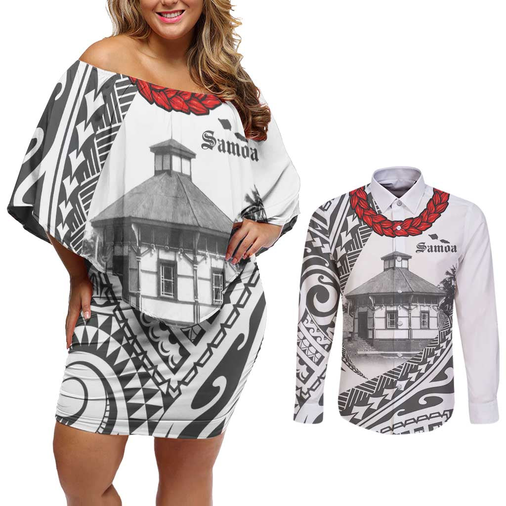 Samoa Mau Movement House Personalised Couples Matching Off Shoulder Short Dress and Long Sleeve Button Shirt Fa'a Samoa The Samoan Way