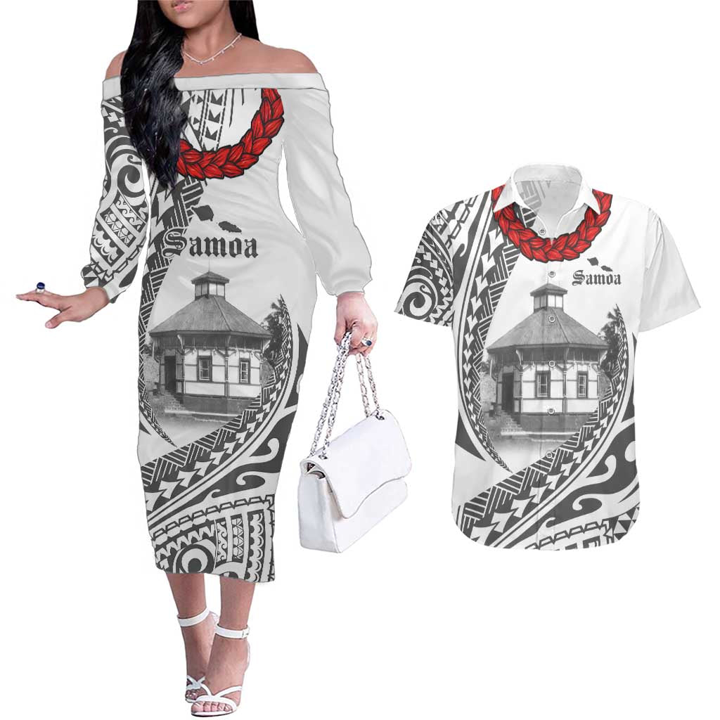 Samoa Mau Movement House Personalised Couples Matching Off The Shoulder Long Sleeve Dress and Hawaiian Shirt Fa'a Samoa The Samoan Way