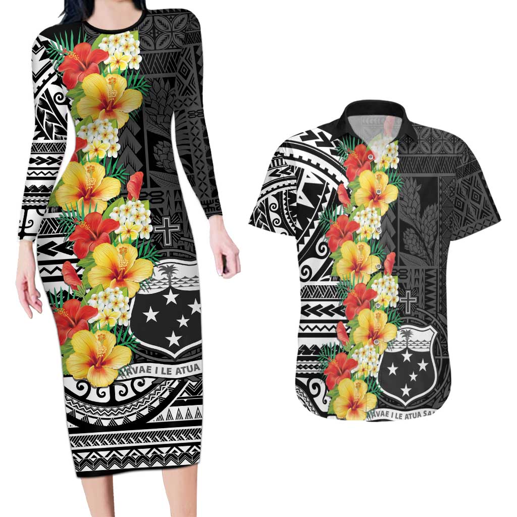 Samoa Tribal Hibiscus Flowers Couples Matching Long Sleeve Bodycon Dress and Hawaiian Shirt