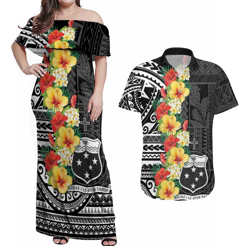 Samoa Tribal Hibiscus Flowers Couples Matching Off Shoulder Maxi Dress and Hawaiian Shirt