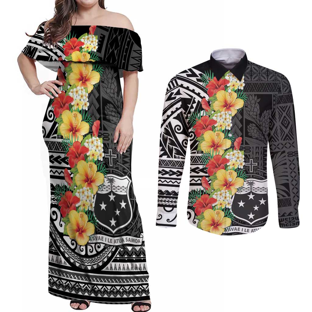 Samoa Tribal Hibiscus Flowers Couples Matching Off Shoulder Maxi Dress and Long Sleeve Button Shirt