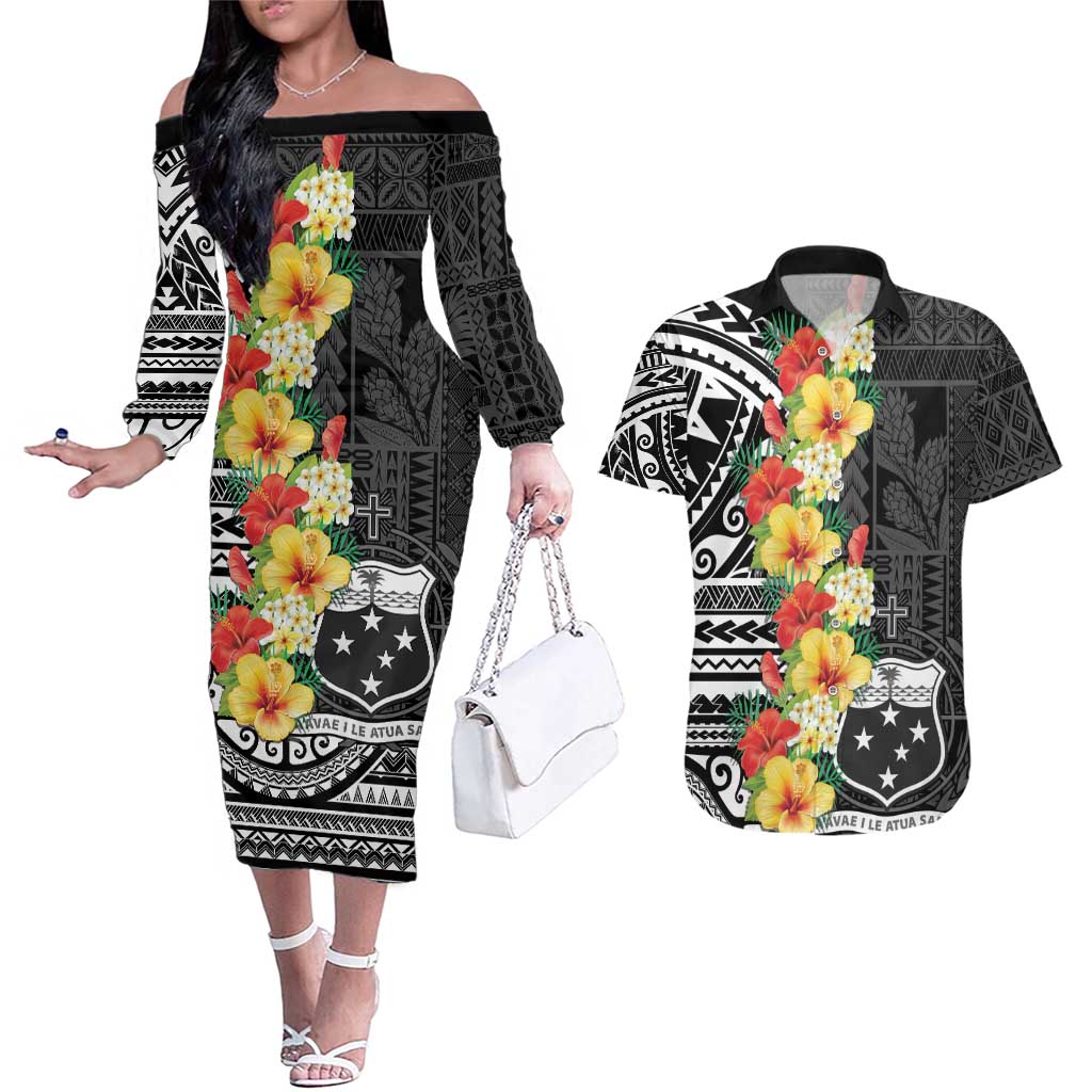 Samoa Tribal Hibiscus Flowers Couples Matching Off The Shoulder Long Sleeve Dress and Hawaiian Shirt