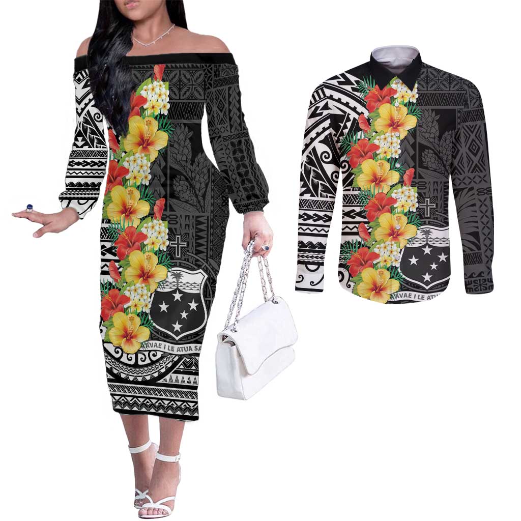 Samoa Tribal Hibiscus Flowers Couples Matching Off The Shoulder Long Sleeve Dress and Long Sleeve Button Shirt