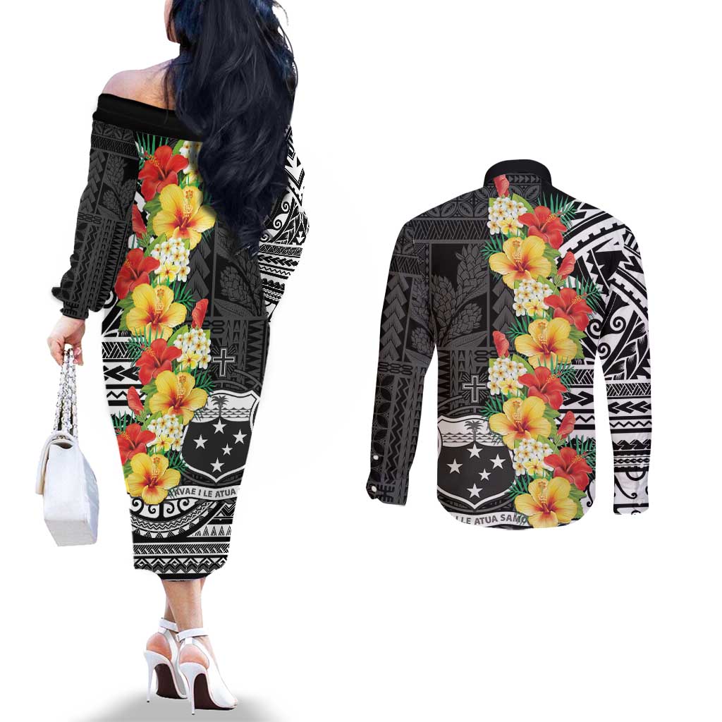 Samoa Tribal Hibiscus Flowers Couples Matching Off The Shoulder Long Sleeve Dress and Long Sleeve Button Shirt